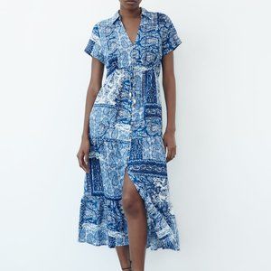 Zara Women's Cotton Midi Printed Shirt Dress V-Neck Collar Short Sleeves Size M